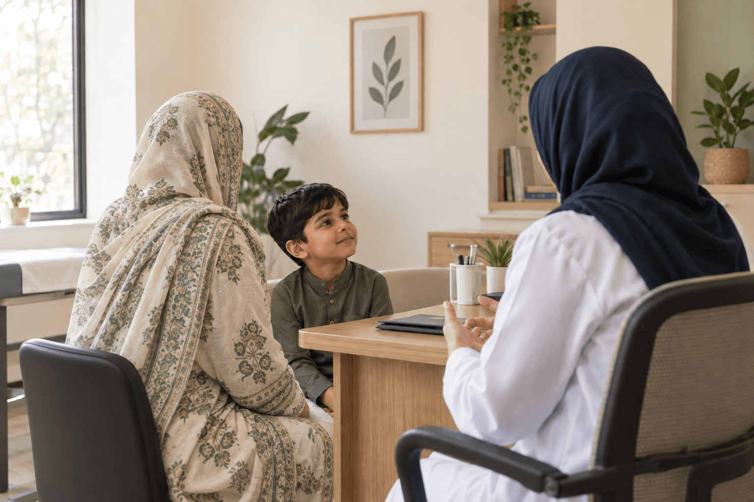 A child and parent speaking with a healthcare professional in a calm consultation room